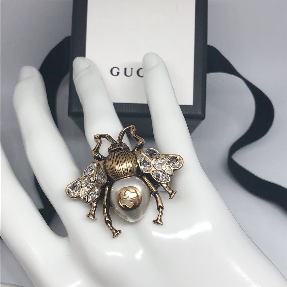 NEW Gucci Bee Ring with Crystals and Pearl Size S (US 6.5)